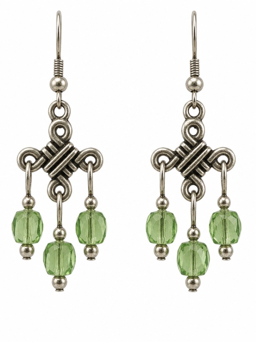 Celtic Knot with Light Peridot Crystal Cube Beads Chandelier Earrings
